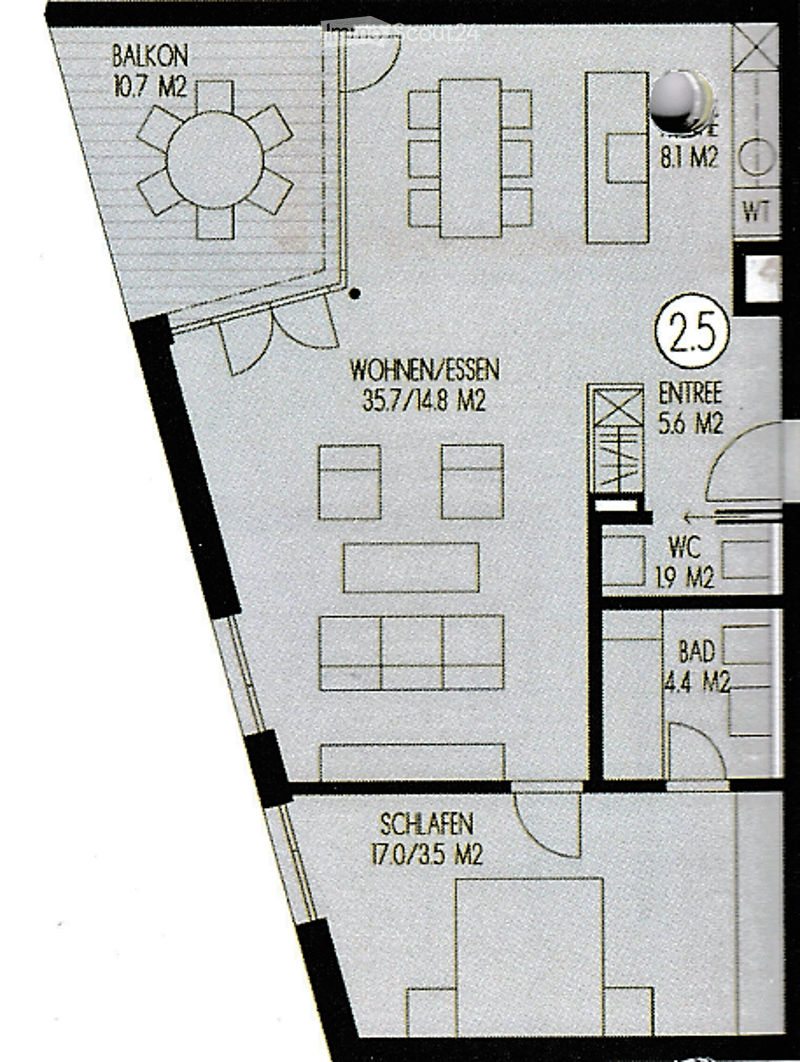 Floor plan showing a living/dining area, bedroom, bathroom, entrance, and balcony.