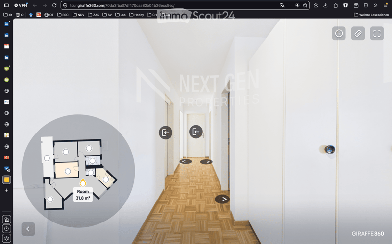 A virtual3D view of a hallway with wooden flooring and white walls, featuring a floor plan overlay in the corner showing room dimensions.