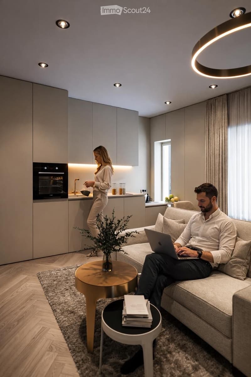 kitchen area, living room area, carpet, couch, round tables, plants, woman standing at countertop, man sitting on couch with laptop