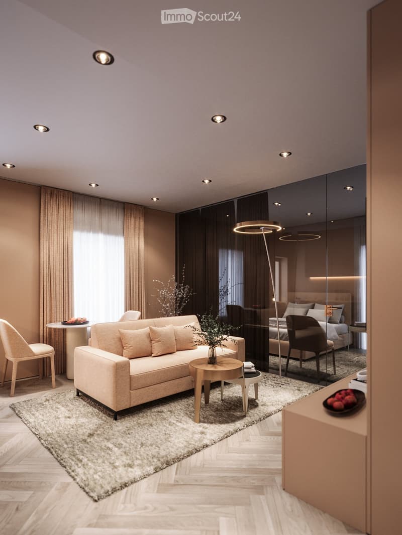 contemporary interior, beige couch, wooden coffee table, armchairs, small round table, floor lamp, rugs, glass wall, bedroom with bed