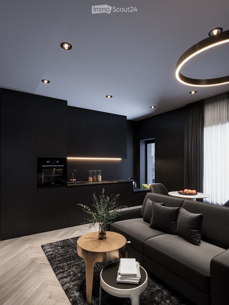 Open living area, black cupboards, white counter, round coffee table, sofa, plant, rug, bright lighting