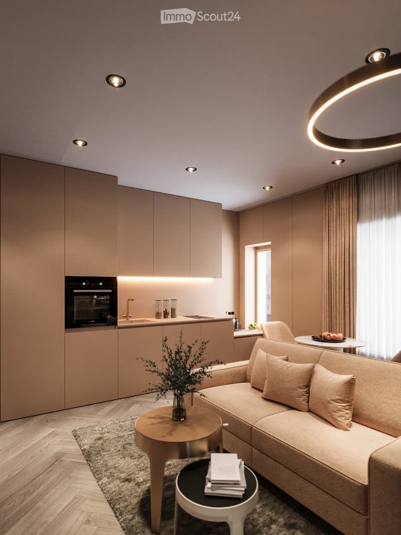 modern open layout, beige color palette, large couch, wooden coffee tables, built-in kitchen with an oven, natural light