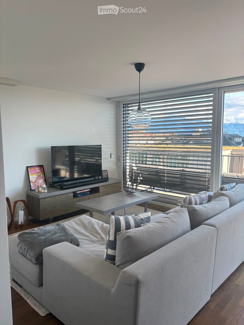 Modern living room with large windows offering a scenic view, featuring a grey sectional sofa, coffee table, television on a wooden stand, and decorative items.