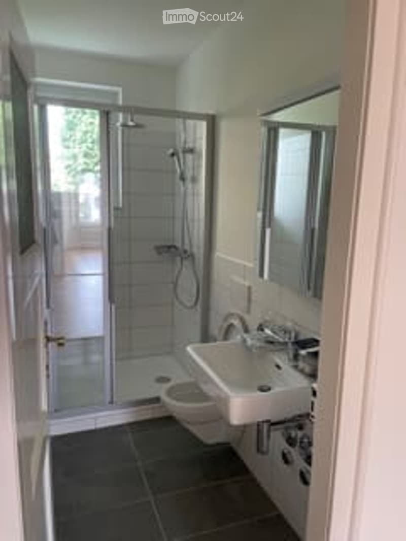 Walk-in shower, sink, toilet, mirror, grey tiles on the floor and walls, a window