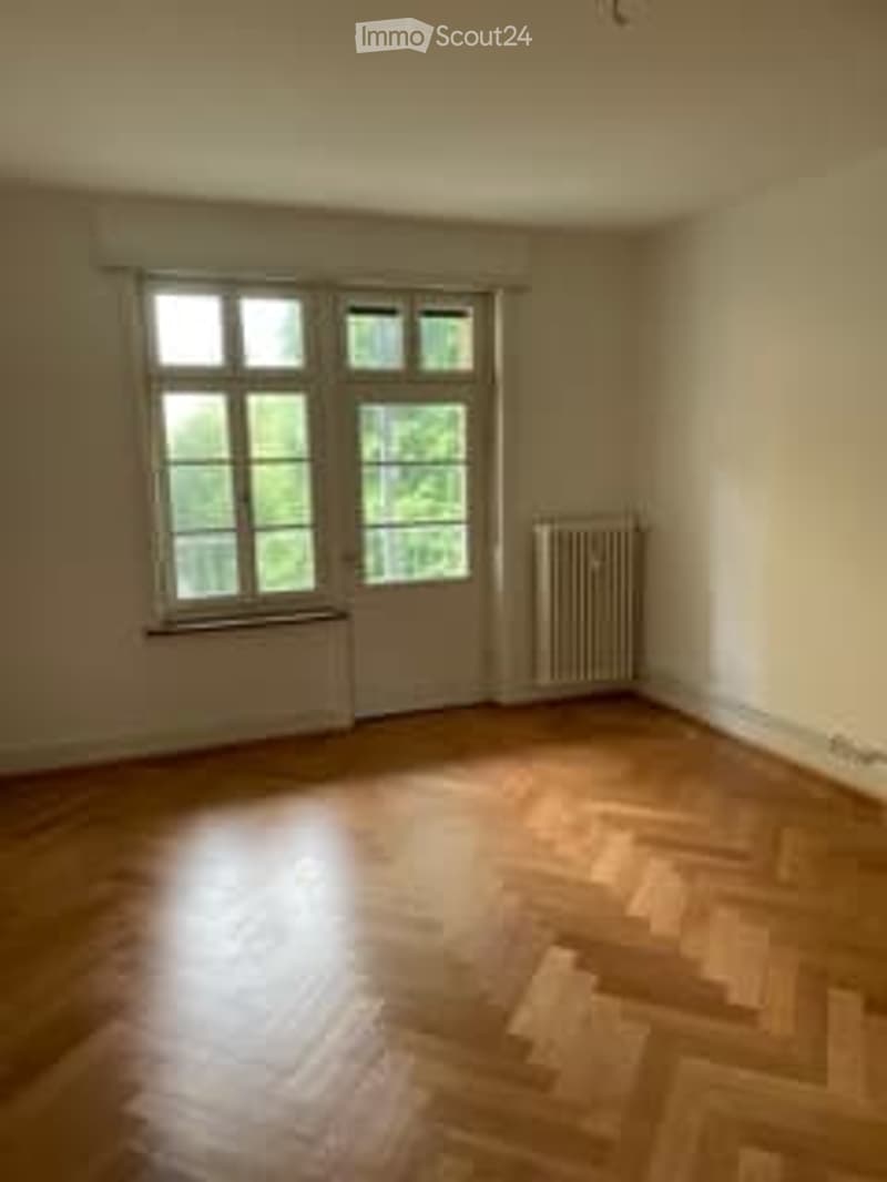 hardwood floors, white walls, large window, white radiator