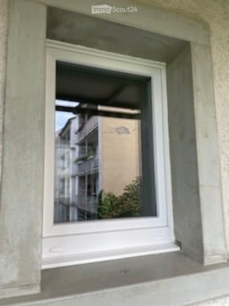 White framed window with a reflection of a building, balcony and trees