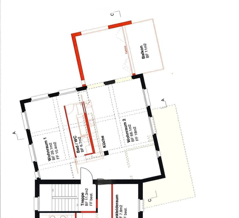 Floor plan of a residential unit showing a living room, kitchen, two bedrooms, bathroom, hallway, and balcony.