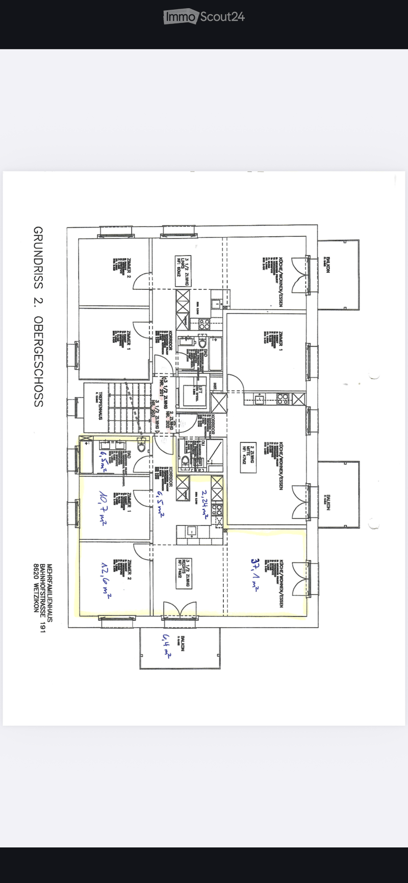 Floor plan of the second floor of an apartment building, showing multiple rooms including bedrooms, bathrooms, kitchen, and living areas, with labeled dimensions and room numbers.