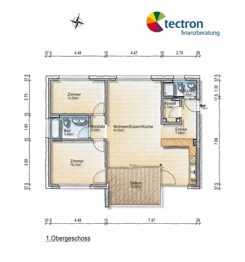 Floor plan of the first upper floor showing a living/dining/kitchen area, two bedrooms, a bathroom, a balcony, a storage room, and an entrance area.