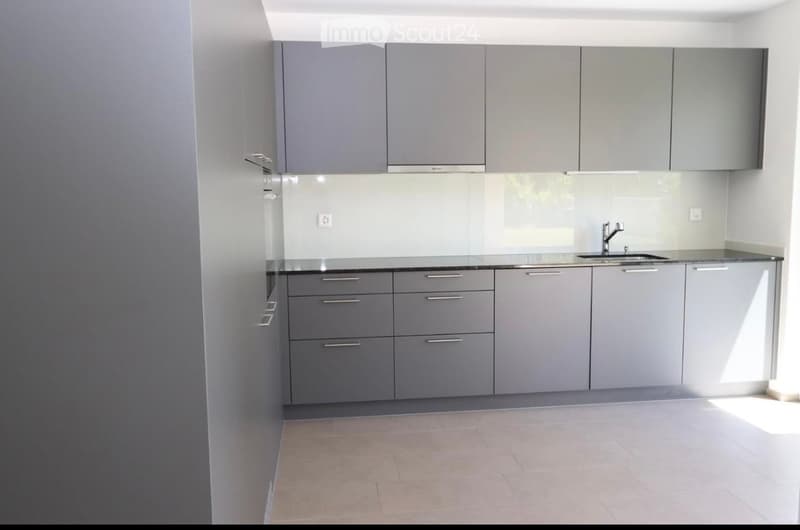 Modern kitchen with grey cabinets, a sink, and a faucet. The space is clean and well-lit with natural light coming through a window.