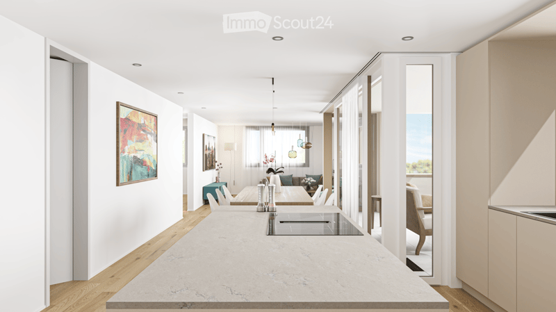 large open space, marble countertop, modern kitchen, view to living room, glass door, paintings on the wall