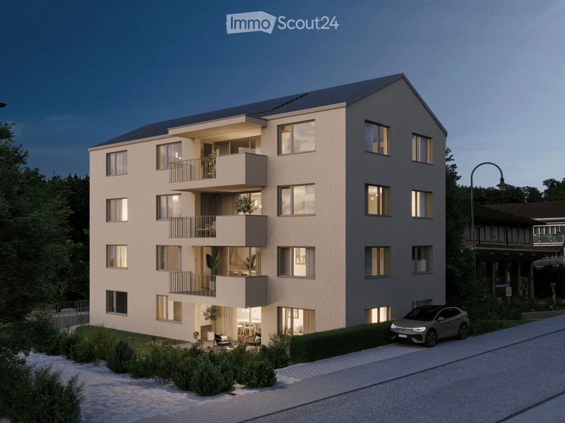 apartment building, solar panels, balconies, modern design, 3 stories