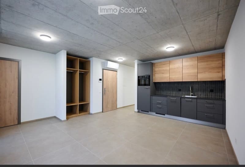 Modern, minimalist kitchen area with grey and wooden cabinets, stainless steel oven, sink, and faucet, along with built-in wooden shelves.