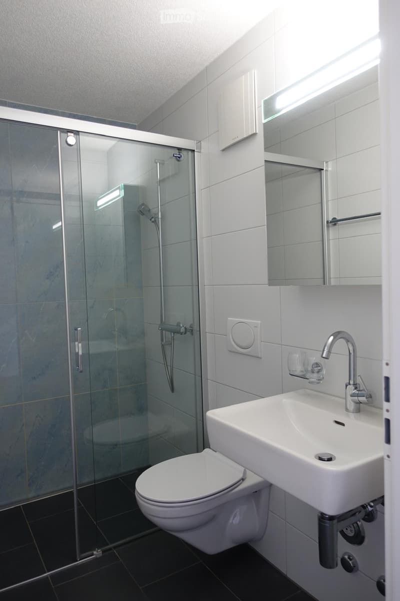 Modern bathroom with white tiles, a glass-enclosed shower, a toilet, a sink with a modern faucet, and a large mirror above the sink.
