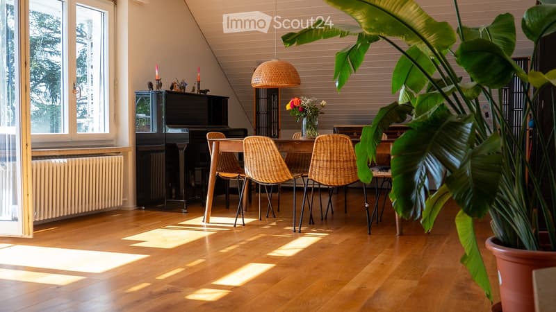 Bright living room with wooden flooring, large windows, a black piano, wicker chairs around a wooden table, a hanging wicker lamp, and a large potted plant in the foreground.