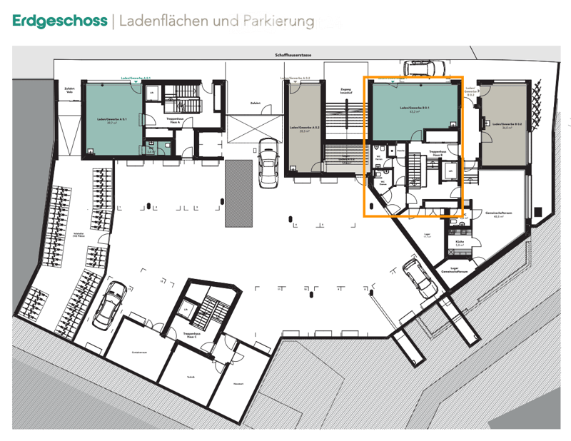 Ground floor floor plan showing commercial spaces, parking areas, and residential units. Includes labeled areas such as Laden/Gewerbe (commercial spaces), Treppenhaus (staircase), WC (restrooms), and Lager (storage).