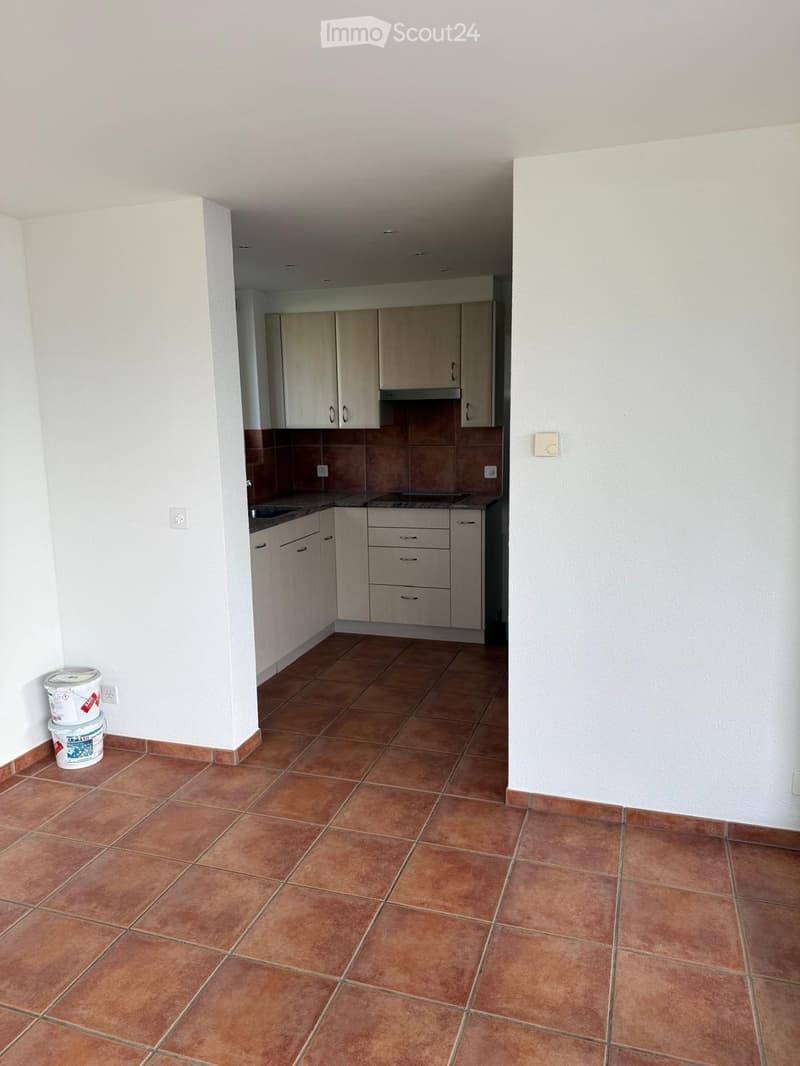Empty kitchen with light wooden cabinets, tiled floor, and a sink area. No appliances or furniture are present.