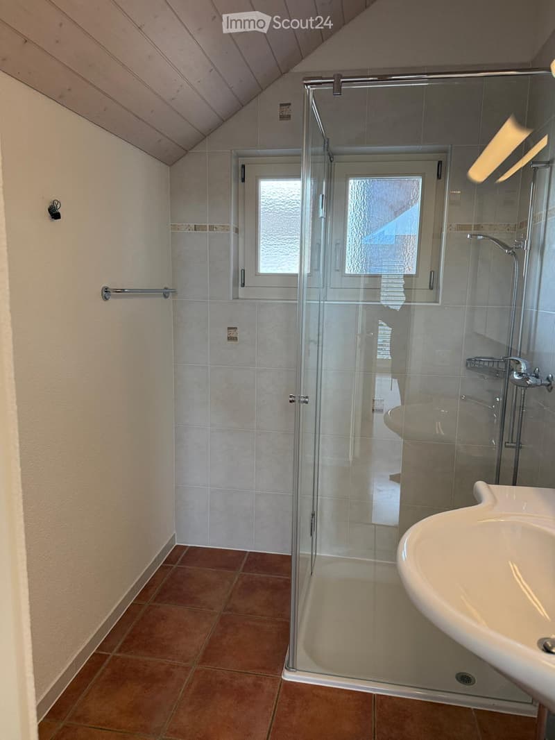 Bathroom with a glass-enclosed shower stall, a white sink, and tiled walls and floor. The shower has a modern design with a handheld showerhead and a built-in seat.