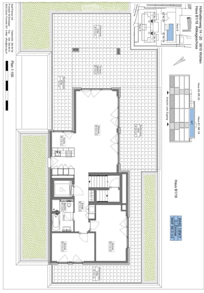 Floor plan of a multi-unit residential building showing multiple apartments, common areas, and outdoor spaces. Includes labeled rooms such as bedrooms, bathrooms, kitchen, living areas, and entrances.