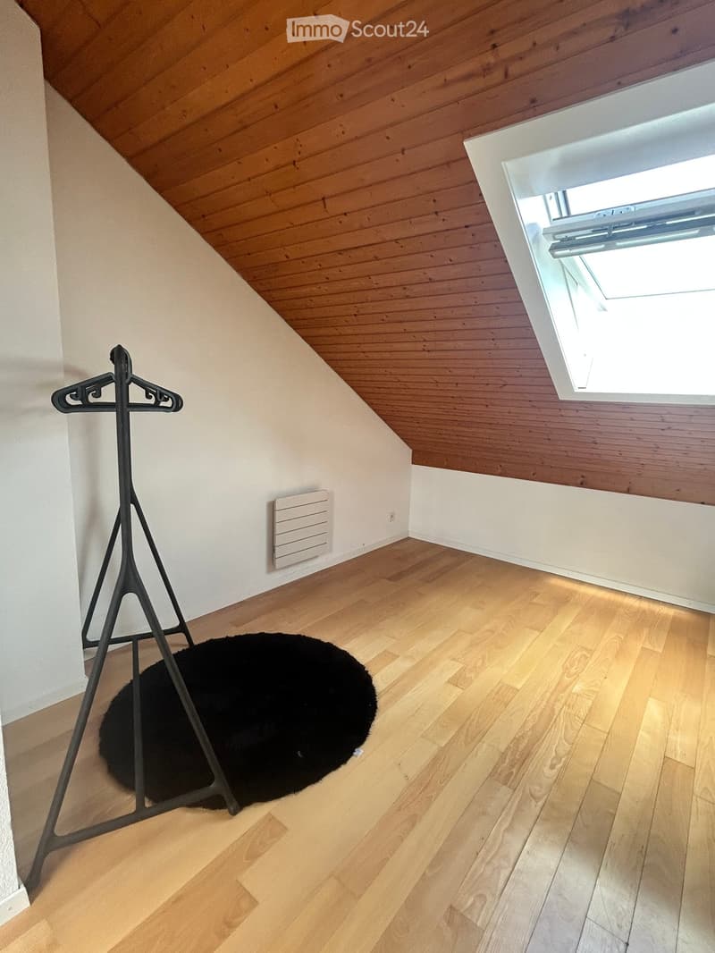 A small, unfurnished room with wooden flooring and a slanted wooden ceiling. Features include a clothing rack, a black round rug, and a skylight window.