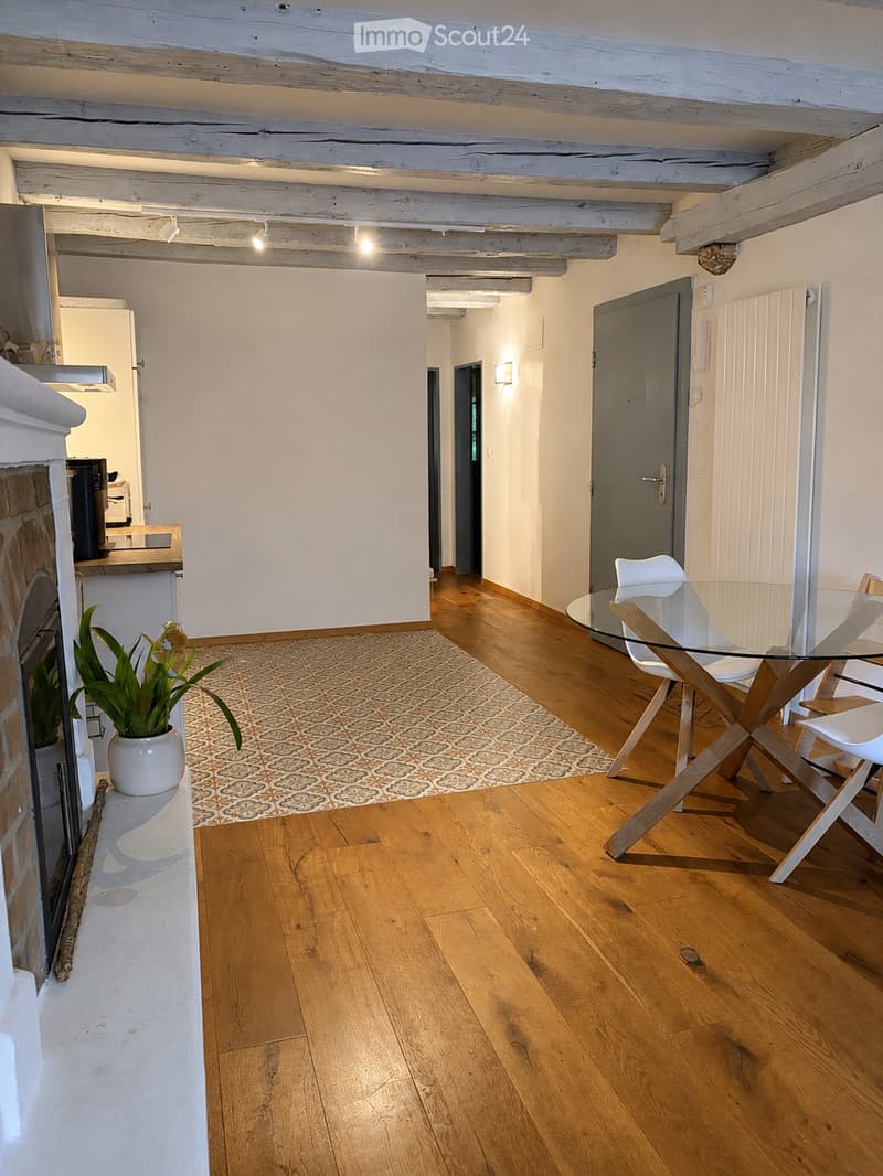 Bright, open-plan living and dining area with wooden floors, exposed wooden beams, and a patterned rug. Includes a glass dining table with white chairs, a potted plant, and a small kitchen area with a refrigerator and coffee machine.