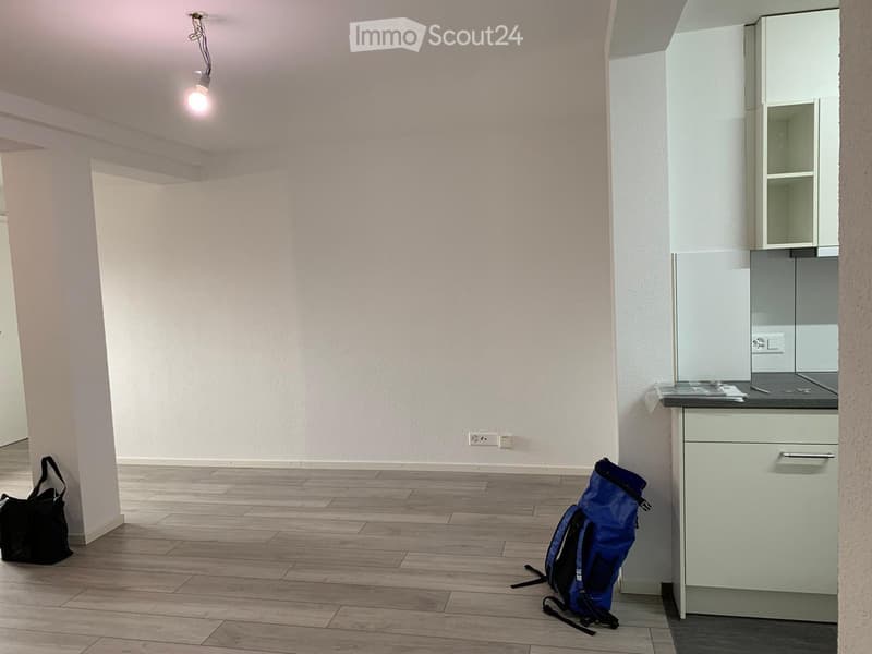 Empty room with light-colored walls, wooden flooring, and a small kitchen area with cabinets and a countertop.