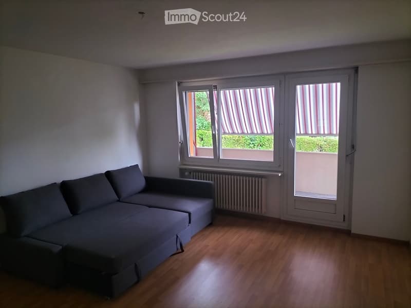 A furnished room with a grey sectional sofa, wooden flooring, and large windows with striped blinds. The room has white walls and a radiator under the windows.