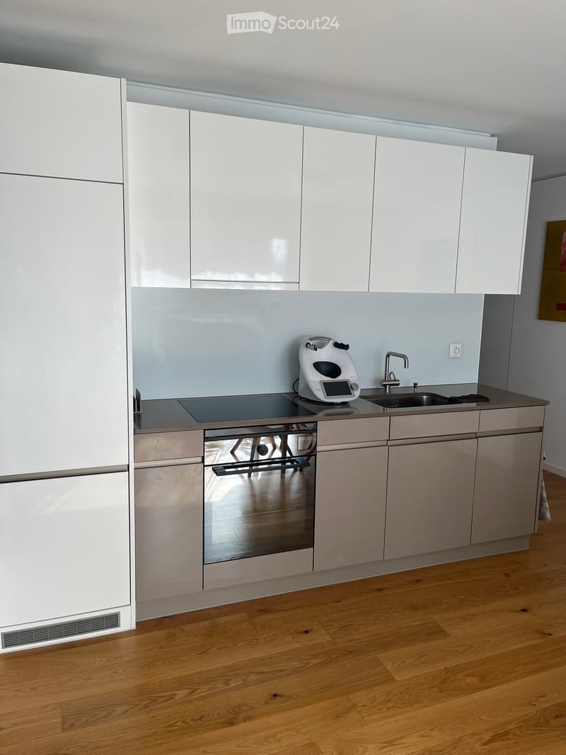Modern kitchen with white cabinets, stainless steel appliances, and wooden flooring.