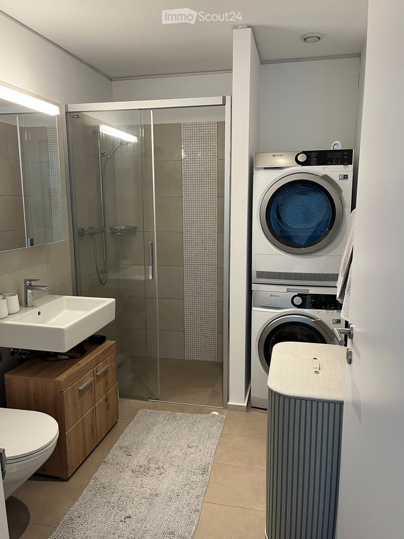 Modern bathroom with a glass-enclosed shower, a wooden vanity with a sink and mirror, a toilet, and a stacked washer/dryer unit.
