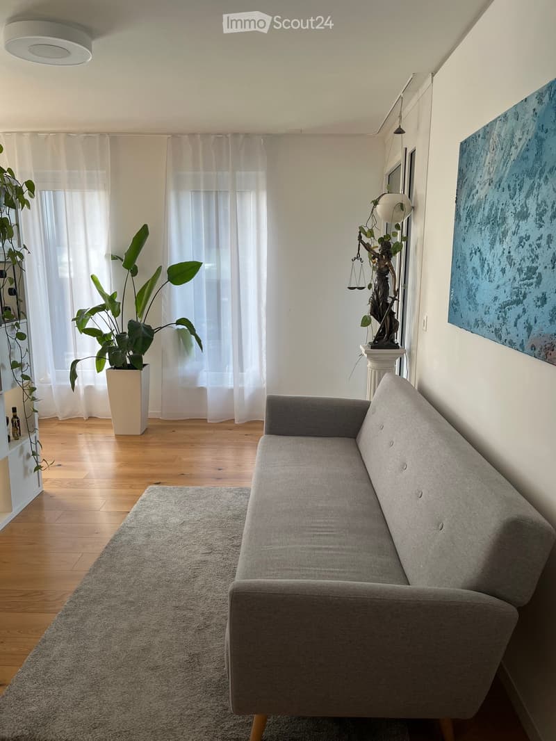 Modern living room with a grey sectional sofa, a large potted plant, a grey rug, a painting, and a decorative statue on a pedestal.
