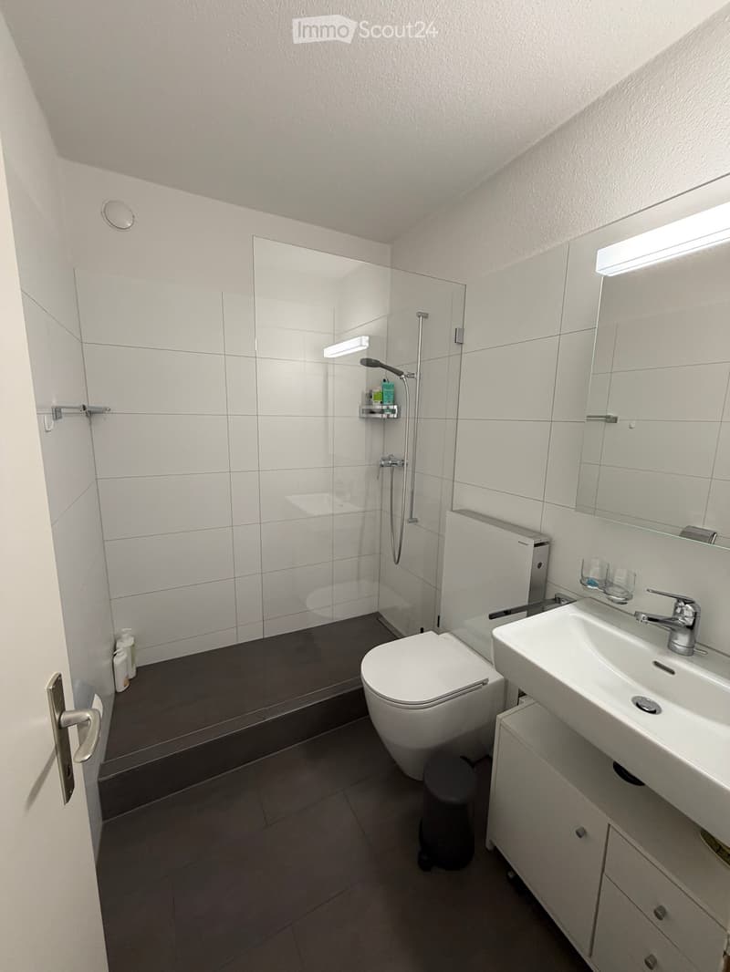 Modern bathroom with white tiles, a toilet, a sink with a mirror, a glass-enclosed shower, and a small cabinet.