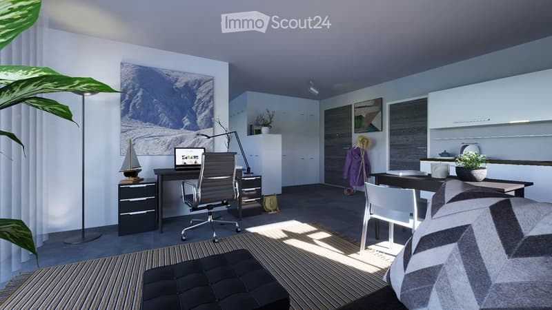 modern decor, black desk and office chair, computer on desk, floor lamp, striped rug, potted plants, closets, kitchen with dining table and chairs, panoramic window