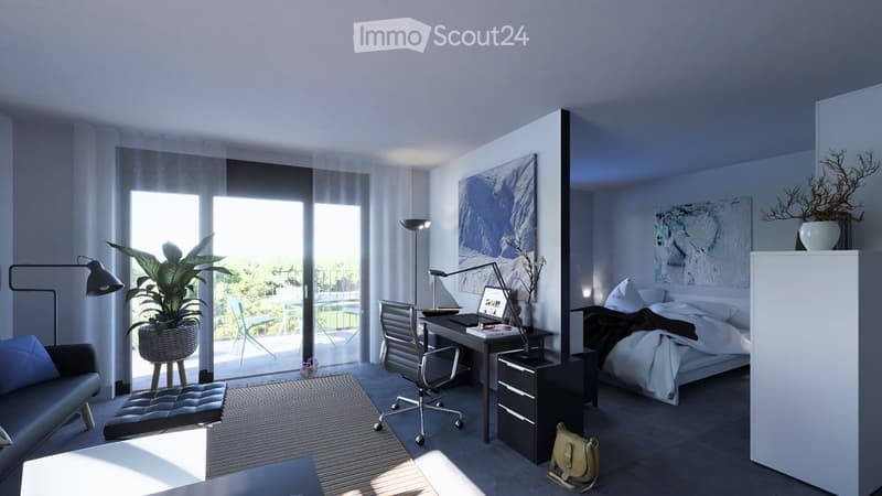 minimalistic design, bright interior, glass door to balcony, desk and office chair, modern bed with white bedding, two lamps, rug, sofa, coffee table with decorative items