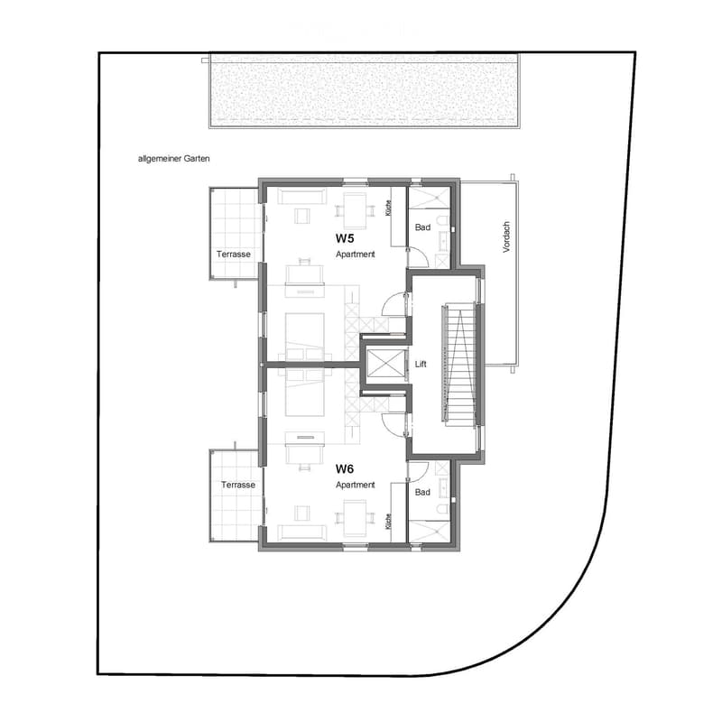 Floor plan of two apartments with separate terraces, each with living room, bedroom, and bathroom, a shared entrance, lift, and separate storage rooms.