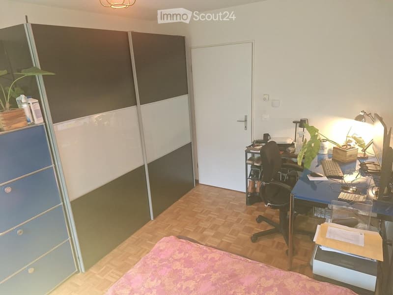 A furnished room with a desk, chair, keyboard, screen, and a cabinet with a plant on top. The room has wooden flooring and a door leading to another space.