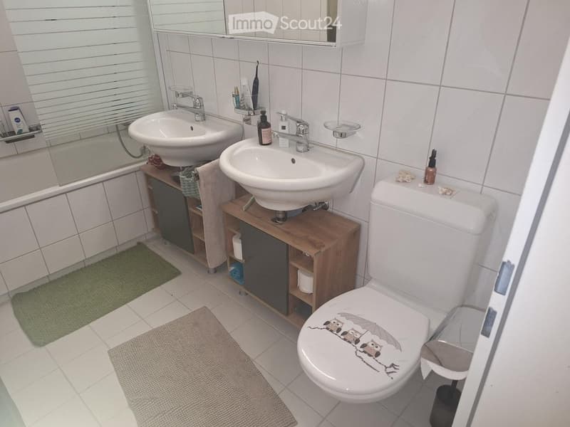 Modern bathroom with two sinks, a toilet, a mirror, a wooden cabinet, and two rugs on the floor.