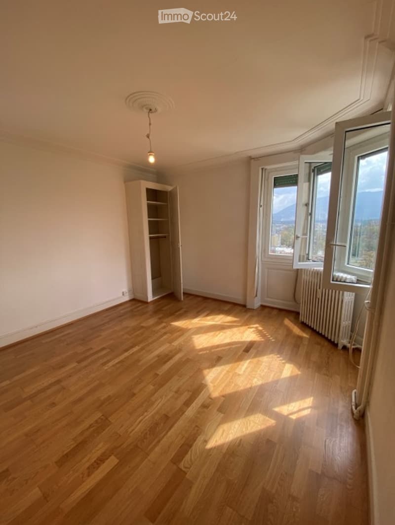 Empty room with wooden flooring, white walls, and a single built-in cabinet. Natural light streams in from large windows, revealing a scenic outdoor view.