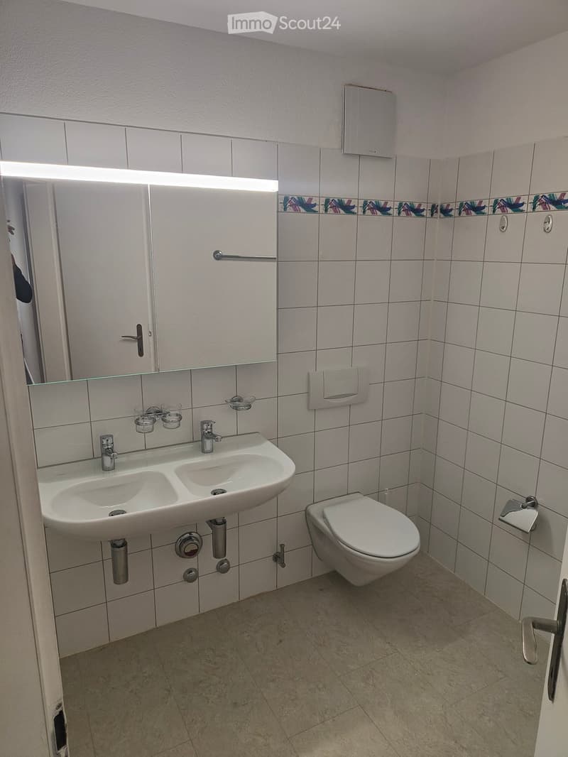 Modern bathroom with a double sink, toilet, mirror, and towel rack. The walls are tiled with a decorative border, and the floor is tiled with beige tiles.