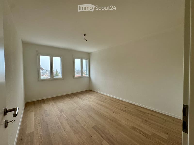 empty room, wooden floor, white walls, 3 windows, power outlet