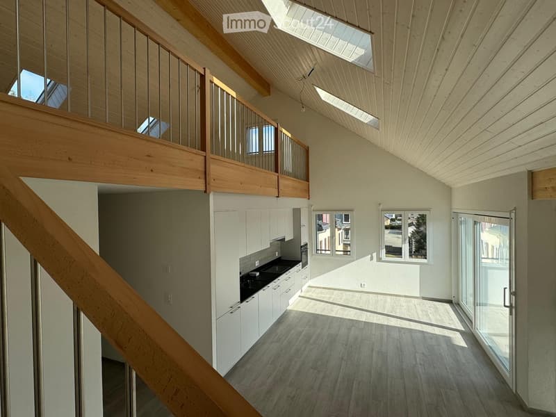 open floor plan, kitchen, balcony, skylights, wooden railings, wooden stairs