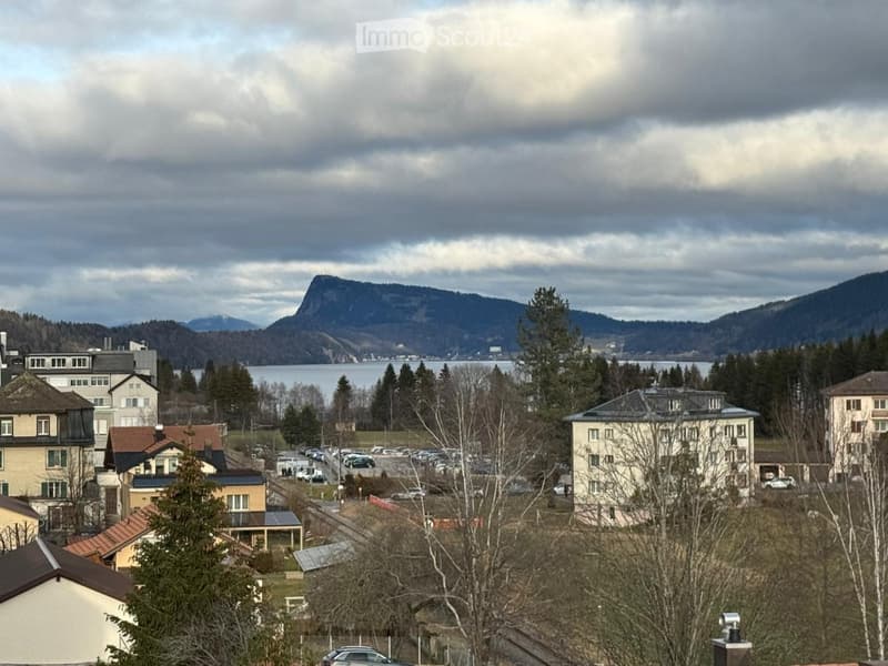Aerial view of a town with buildings, a lake, and mountains in the background