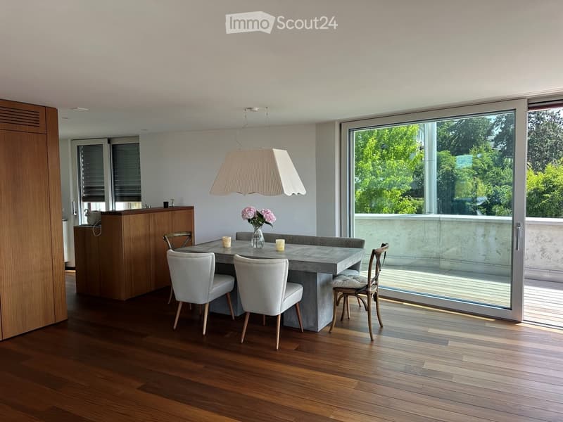 Modern dining area with a concrete table, four chairs, a hanging lamp, and a wooden cabinet. Large windows offer a view of greenery outside.