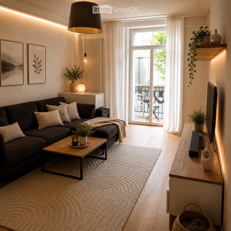 Modern living room with a dark brown sectional sofa, wooden coffee table, wall-mounted shelf, potted plants, and a television on a side table. The room features a large sliding glass door leading to a balcony.