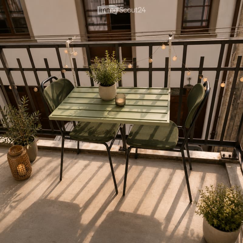 Balcony with a small green table, two matching chairs, potted plants, and string lights.