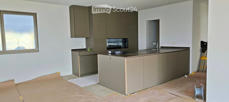 modern kitchen with island, built-in oven, sink, cabinets, window