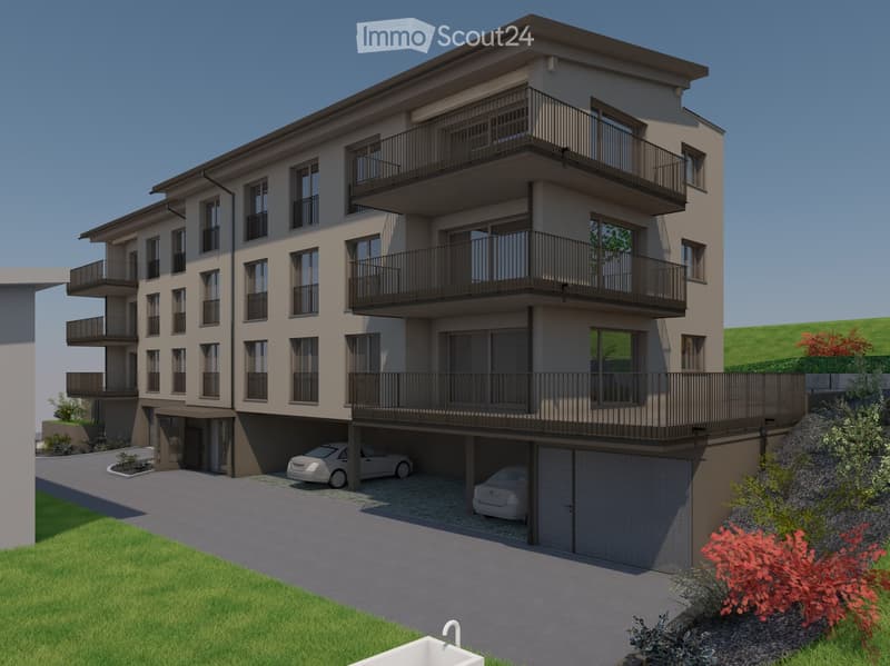 3 story building, balconies on each floor, underground parking garage with 4 parking places, garage for 1 car
