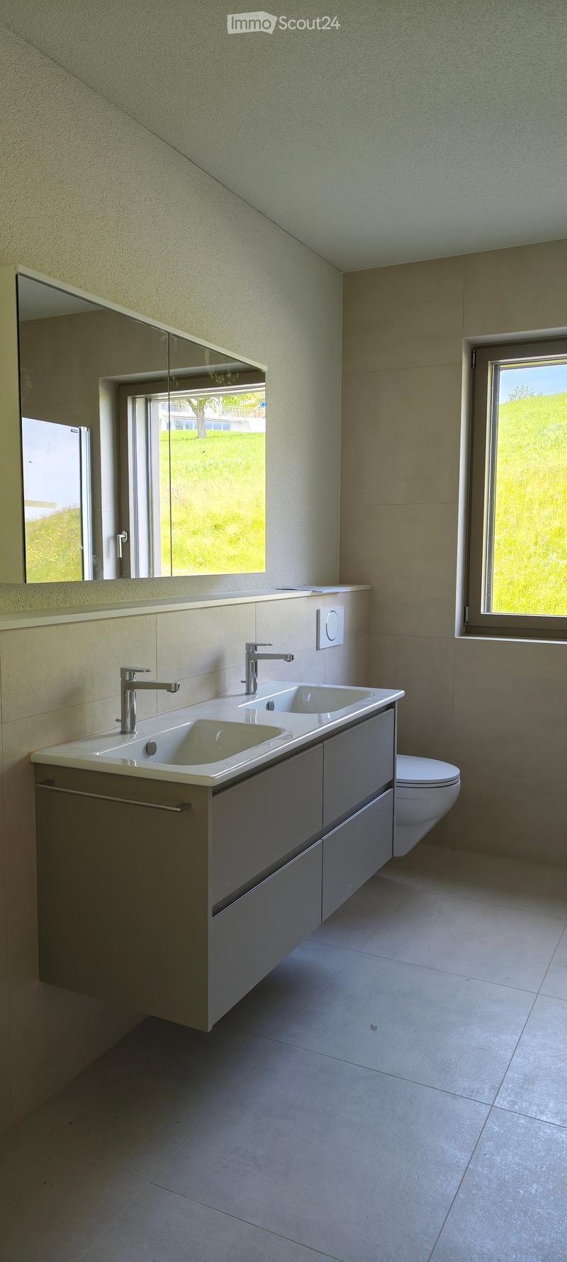 Modern bathroom with double sink, sleek cabinetry, and large windows letting in natural light.