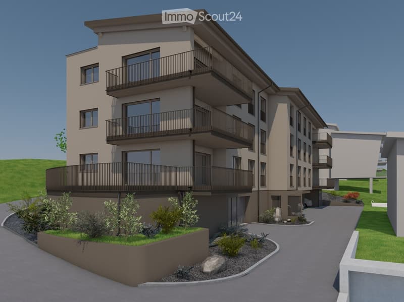 Apartement building with 3 floors, balconies on every floor, parking area