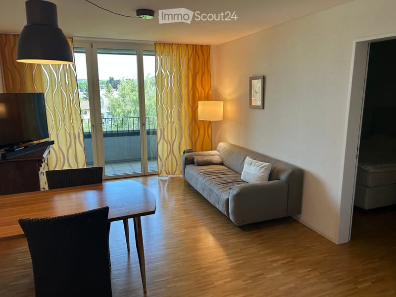 Modern living room with a grey sofa, wooden dining table, chairs, television, and large windows leading to a balcony.