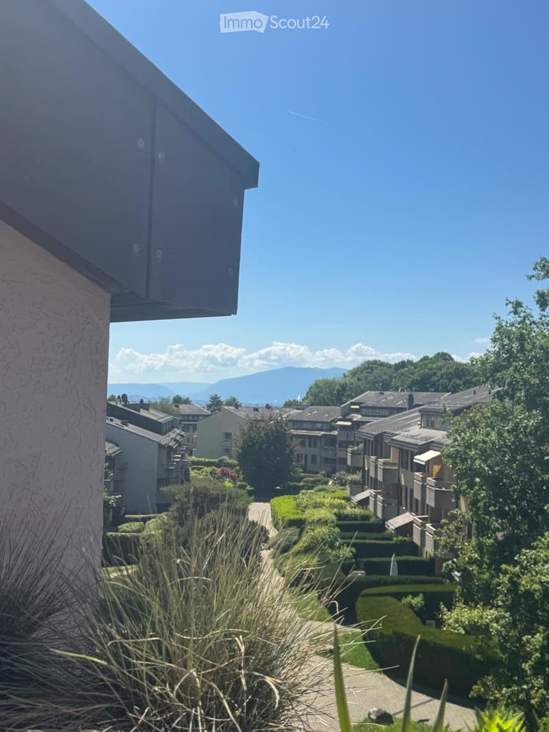 Balcony view overlooking a residential area with houses, greenery, and distant mountains under a clear blue sky.